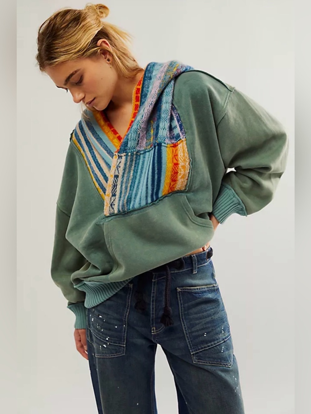 FREE PEOPLE February Sweatshirt in Green Teal Combo Boho Slouchy